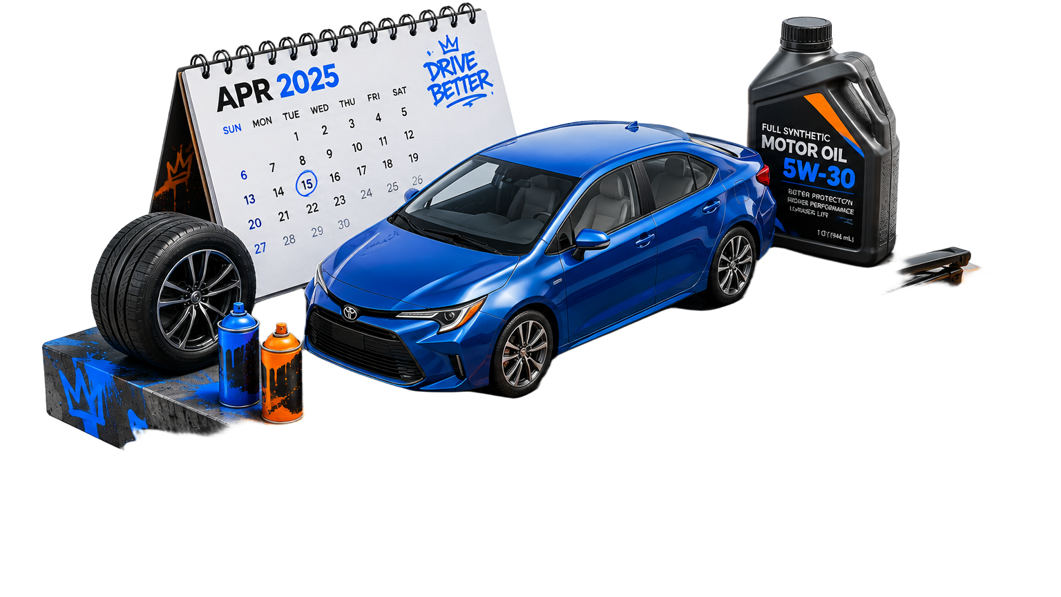Isometric car beside a desk calendar, tire, and oil bottle