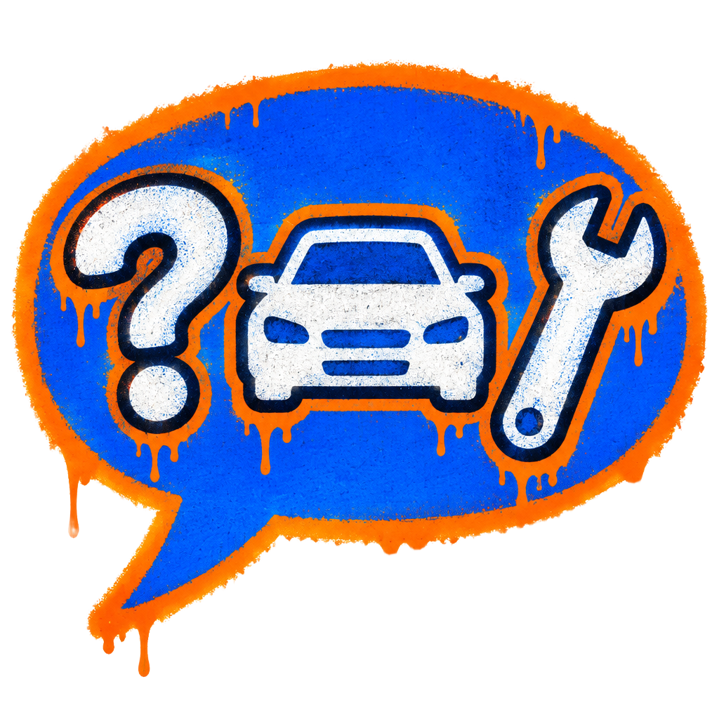 Graffiti speech bubble with a question mark, car, and wrench